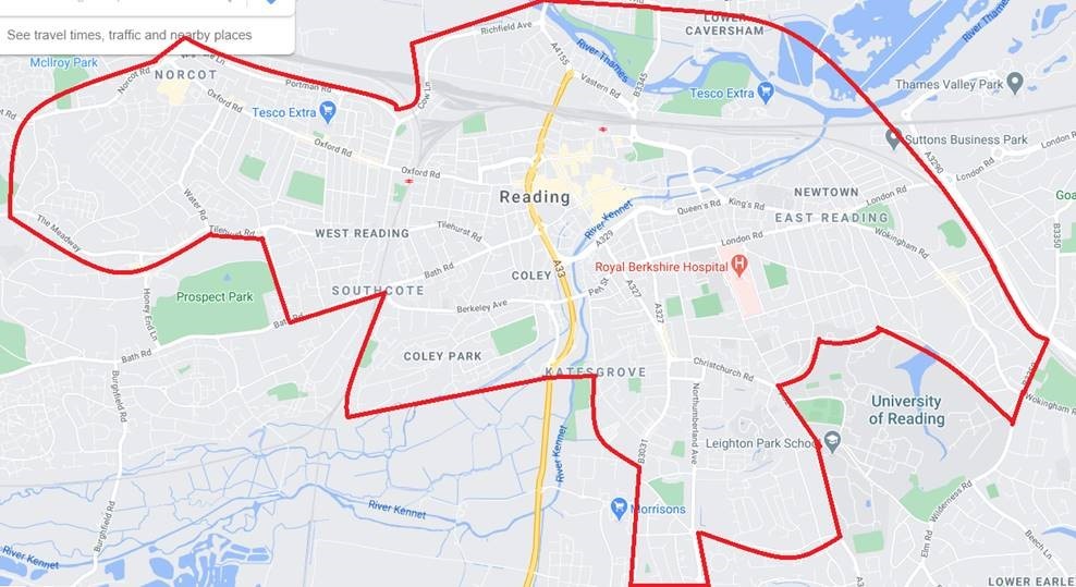 A map showing the area of Reading that was covered by the Section 60 orders